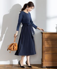 Tiaclasse 【洗える】異素材を組み合わせたミモレ丈リブコンビワンピース