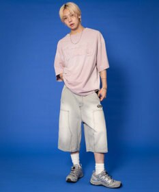 WEGO 【ユニセックス着用ITEM】ダブルニーロゴデニムショーツ