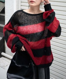 WEGO ボーダーモヘアタッチメッシュニットプルオーバー