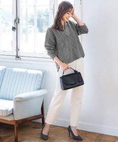 Tiaclasse L 【洗える】アラン柄キーネックニットトップス