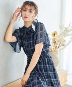 Tiaclasse L 【新色追加・洗える】チェック柄フレア袖シアーワンピース