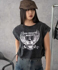 WEGO グラフィックノースリーブサイドドロストショートT