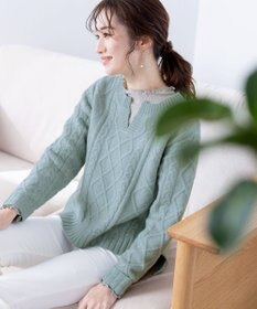 Tiaclasse 【洗える】アラン柄キーネックニットトップス