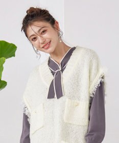 Tiaclasse 【洗える】ツイード見えフリンジニットベスト