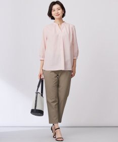 J.PRESS LADIES 【洗える】リネンminiチェック バンドカラー プルオーバー ブラウス