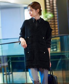 Tiaclasse 【洗える】ツイード見えフリンジニットベスト