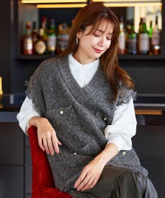 Tiaclasse 【洗える】ツイード見えフリンジニットベスト