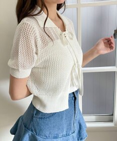 WEGO 襟付きリボンメッシュショートカーデ