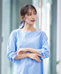 Tiaclasse 【洗える】リボンスリーブストライプチュニックブラウス