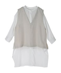 Green Parks ＳＥＴ２点Ｖネックベスト＋７分袖ミディシャツワンピース