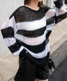 WEGO ボーダーモヘアタッチメッシュニットプルオーバー