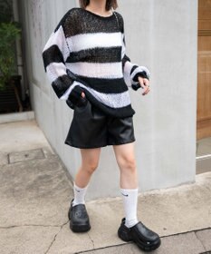 WEGO ボーダーモヘアタッチメッシュニットプルオーバー