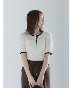 Te chichi 【UVカット】ヘンリーネック5分袖配色リブニット