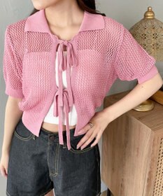 WEGO 襟付きリボンメッシュショートカーデ