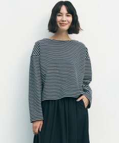 UNFILO ドライタッチリブ バックZIP ボーダートップス ネイビー×オフ