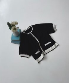 Feroux 【洗える】バイカラーハーフスリーブ カーディガン