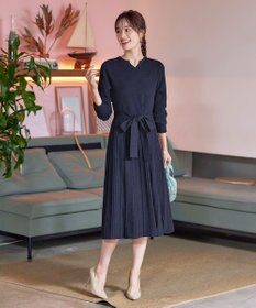 Tiaclasse 【洗える】プリーツ編みラメニットフレアワンピース