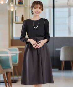 Tiaclasse L 【洗える】バックルベルト付き配色フレアワンピース