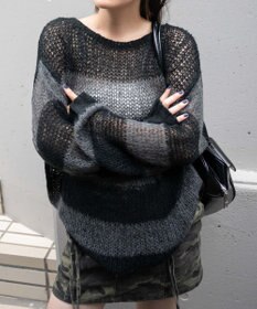 WEGO ボーダーモヘアタッチメッシュニットプルオーバー