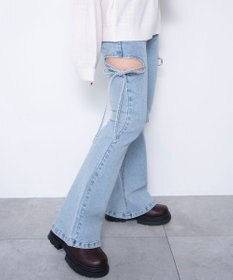 WEGO 【SMサイズ展開/伸びる】カットアウトリボンストレッチフレアデニムパンツ