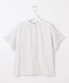 J.PRESS LADIES シアーストライプチェック フレンチスリーブ バンドカラー カットソー