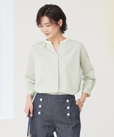 J.PRESS LADIES L ピンストライプジャージー バンドカラー スキッパー カットソー