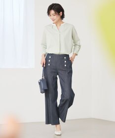 J.PRESS LADIES L ピンストライプジャージー バンドカラー スキッパー カットソー