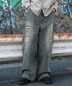 WEGO ダブルニーダメージデニムパンツ