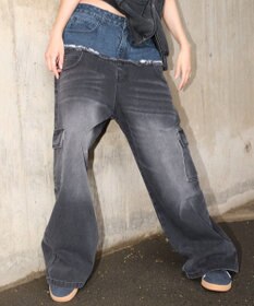 WEGO 【ユニセックス着用ITEM?MLサイズ展開】ダブルウエストカーゴデニムパンツ