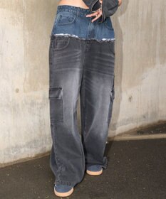 WEGO 【ユニセックス着用ITEM?MLサイズ展開】ダブルウエストカーゴデニムパンツ