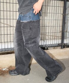 WEGO 【ユニセックス着用ITEM?MLサイズ展開】ダブルウエストカーゴデニムパンツ