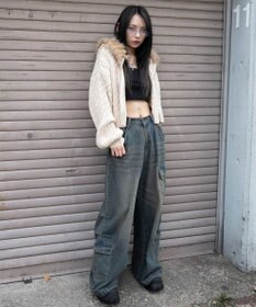 WEGO フェイクファー付きケーブルニットパーカー