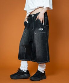 WEGO 【ユニセックス着用ITEM】ダブルニーロゴデニムショーツ