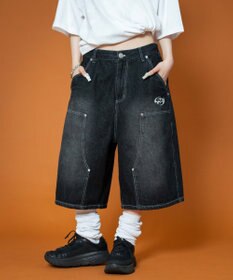 WEGO 【ユニセックス着用ITEM】ダブルニーロゴデニムショーツ