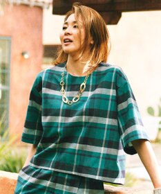 自由区 【SHIHOさん着用・セットアップ対応】コットンリネンチェック ブラウス グリーン×ネイビー系