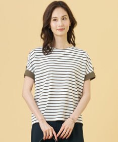 J.PRESS LADIES 【一枚で着映え】バイカラーボーダー クルーネック カットソー カーキ系