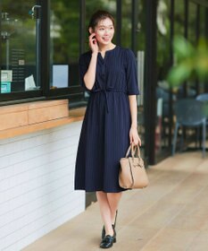 Tiaclasse L 【新色追加・洗える】配色キーネックストライプワンピース