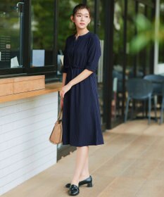 Tiaclasse L 【新色追加・洗える】配色キーネックストライプワンピース