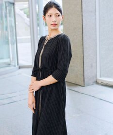 Tiaclasse L 【新色追加・洗える】配色キーネックストライプワンピース