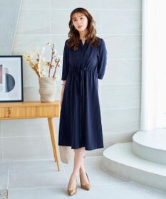 Tiaclasse L 【新色追加・洗える】配色キーネックストライプワンピース