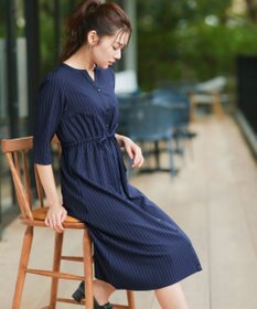 Tiaclasse L 【新色追加・洗える】配色キーネックストライプワンピース