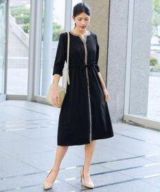 Tiaclasse L 【新色追加・洗える】配色キーネックストライプワンピース