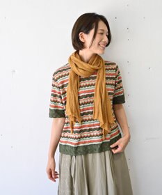 muuc 〈高品質シルク100%〉透かしレース編み シルクマルチボーダー半袖プルオーバー