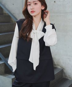 Tiaclasse 【ブラウス&ベスト&パンツ3点セット】リボンタイブラウス＋ベスト付き 3点セットアップ