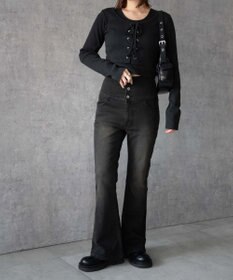 WEGO ハイウエストストレッチフレアデニムパンツ