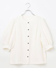 #Newans 【洗濯機可能/シワになりにくい】〈肩幅・二の腕が華奢見えする〉パフスリーブバイカラーブラウス