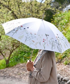 〈UVカット率99%以上・一級遮光生地・晴雨兼用〉ボタニカル刺繍の日傘 （長傘タイプ）, ホワイト, F