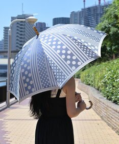 槇田商店 Kirie ドットとストライプ アッシュブルー 長傘