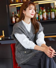 Tiaclasse 【洗える】ツイード見えフリンジニットベスト