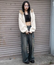 WEGO フェイクファー付きケーブルニットパーカー